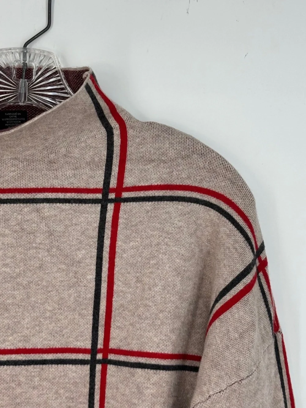 Tahari Womens Large Pullover Sweater Oatmeal Red Gray Check Funnel Neck Long Slv